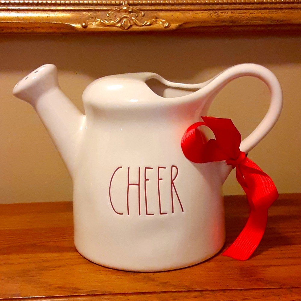 Rae Dunn CHEER Ceramic Watering Can Pitcher by Magenta white red letters…New